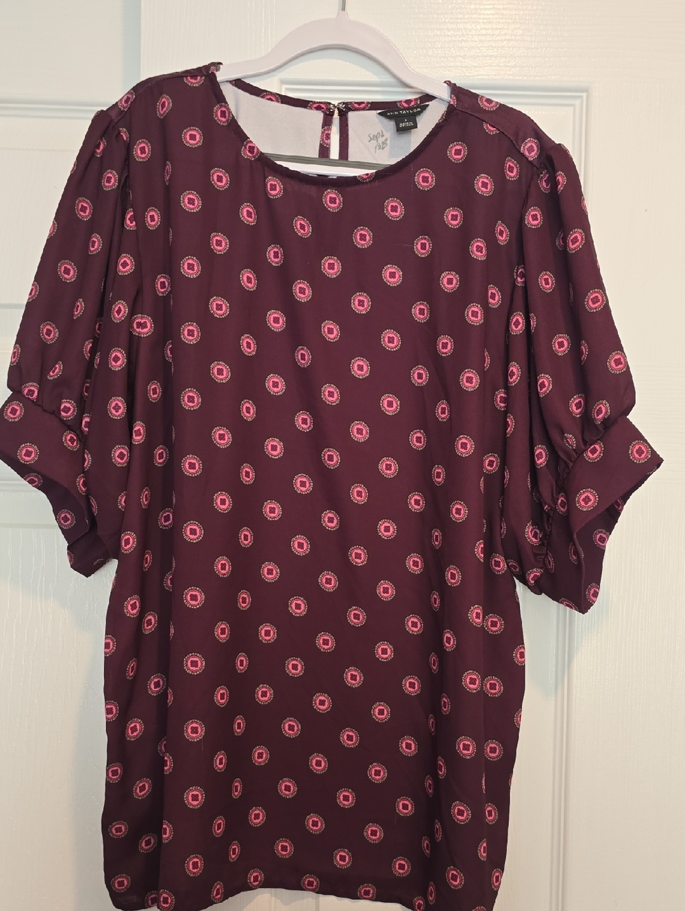 Ann Taylor Plum Top with Pink Medallion Motif